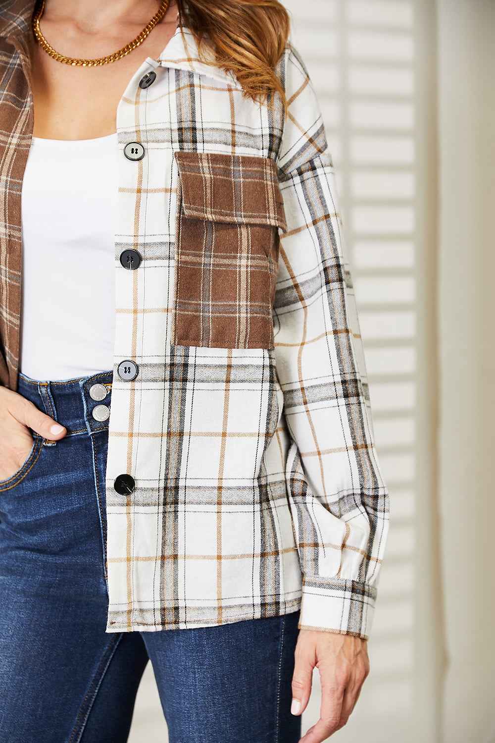 Double Take Plaid Contrast Button Up Shirt Jacket a0f9e9da4400454ba512b6cf617263b7-Max