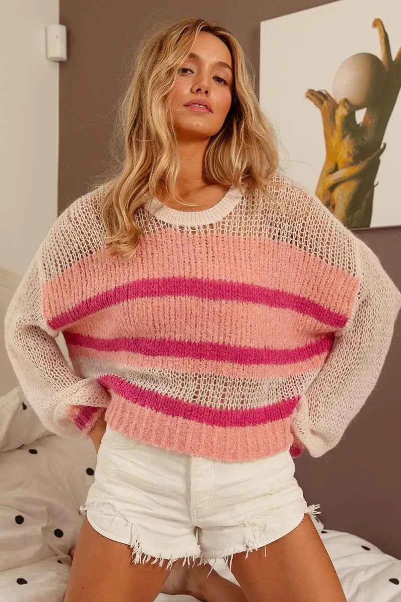 BiBi Hollow Out Yoke Detail Striped Sweater a10183dbd5ac43a19951274ad7674877-Max-Origin