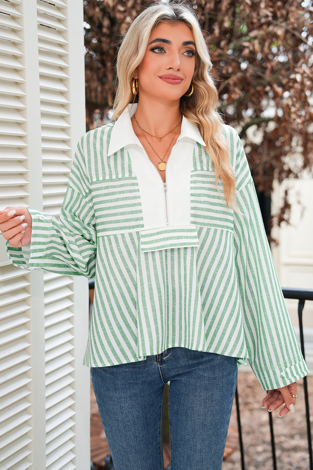 Green Striped Zipper Collar Long Sleeve Top a1090fa47321cfcd