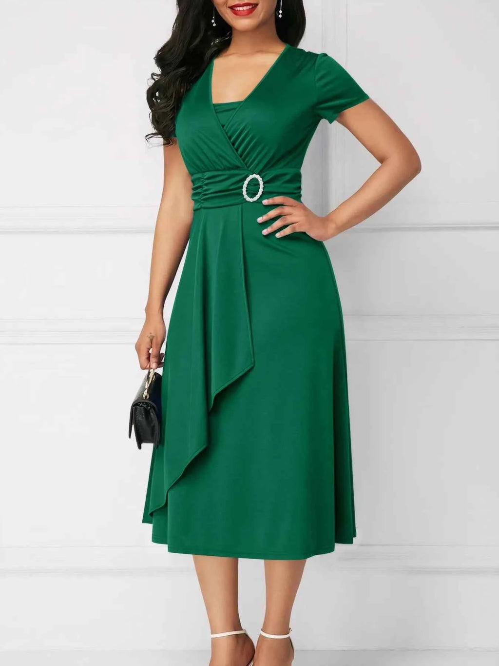 Short Sleeve Midi Wrap Dress with Belt Detail Dark Green a10abf1d-3352-4b03-b0b3-67ad951de182-Max-Origin
