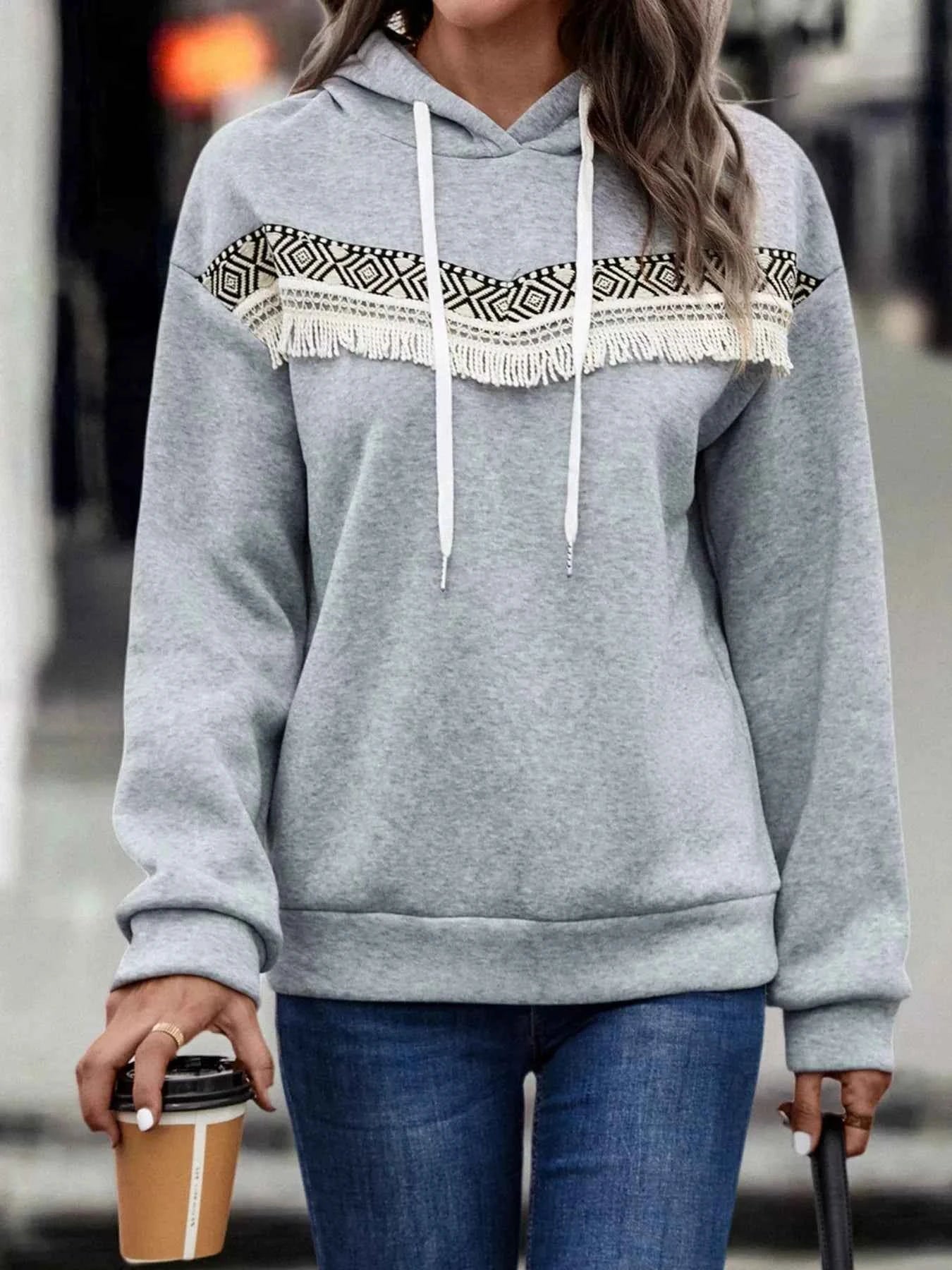 Fringe Detail Long Sleeve Drawstring Hoodie Light Gray a1221eff-834c-467c-81d4-46b9ec14af90-Max-Origin