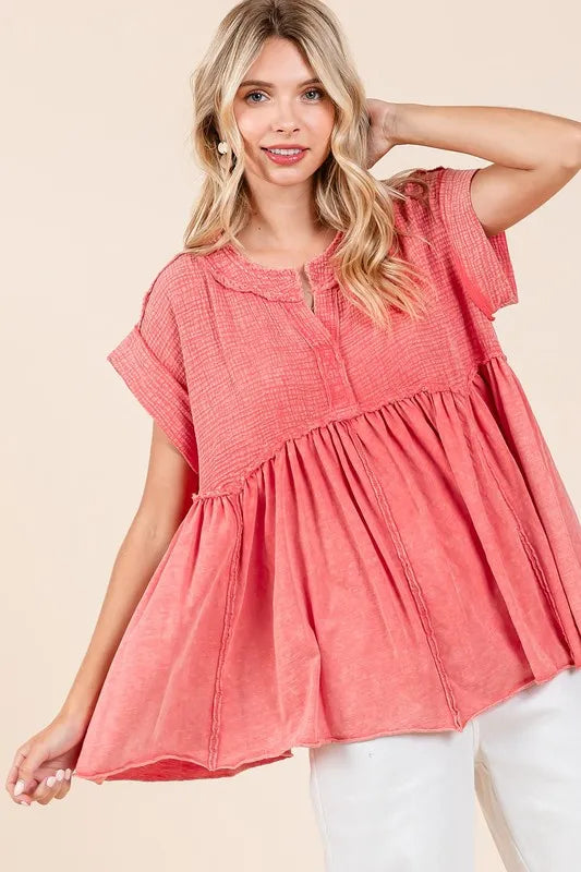 Mittoshop Mixed Media Mineral Wash Babydoll Short Sleeve Blouse Coral a133ac61-f4c8-4b77-951e-35f127a07fe4-Max
