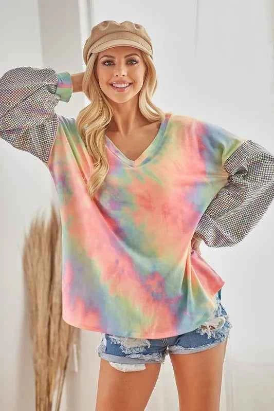 BiBi V Neck Tie Dye French Terry Top with Shiny a13dbac077134c498b6fec9f8d7241c2-Max-Origin
