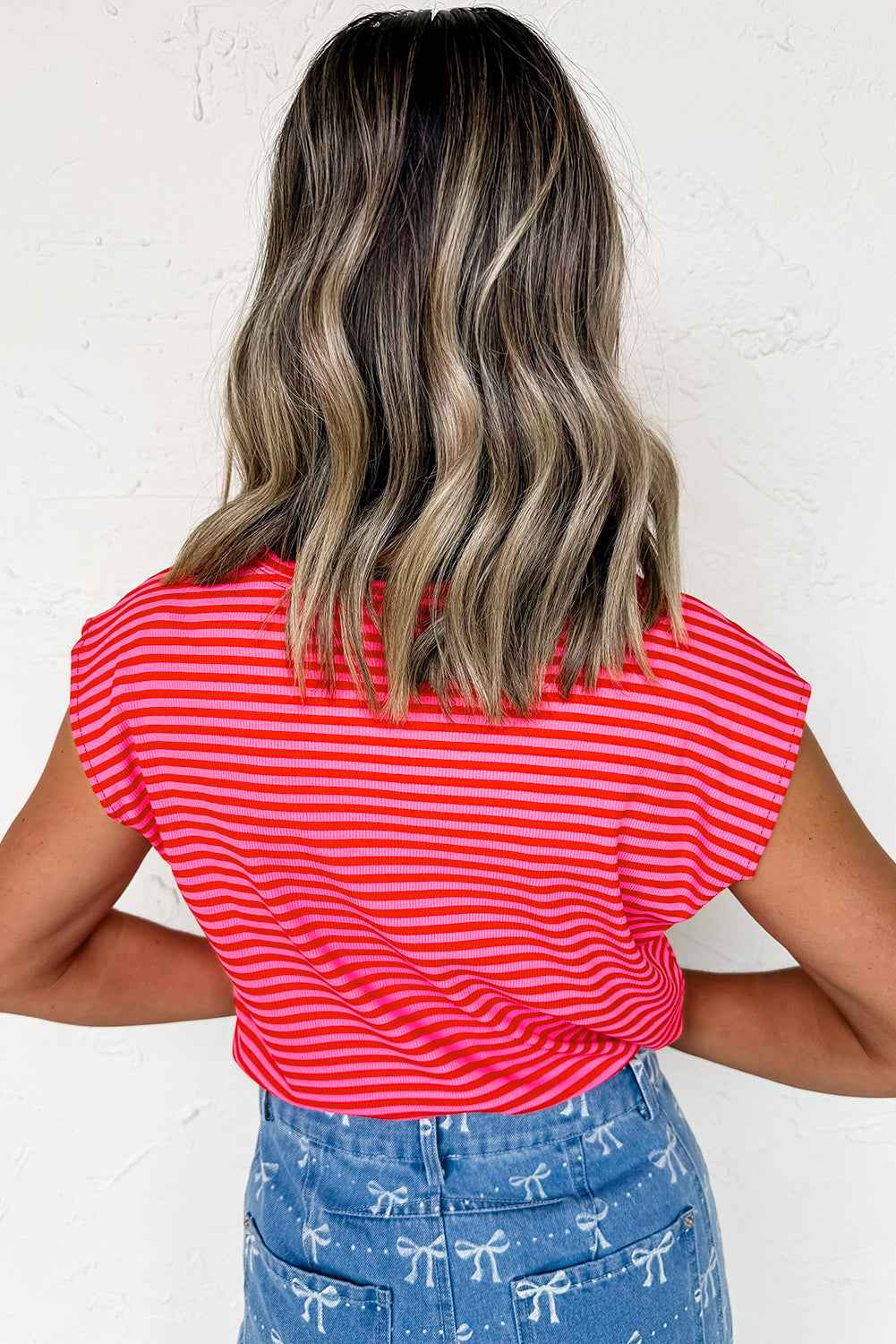 Sky Blue Stripe Ribbed Cap Sleeve Round Neck T Shirt a141622e3f50c28a