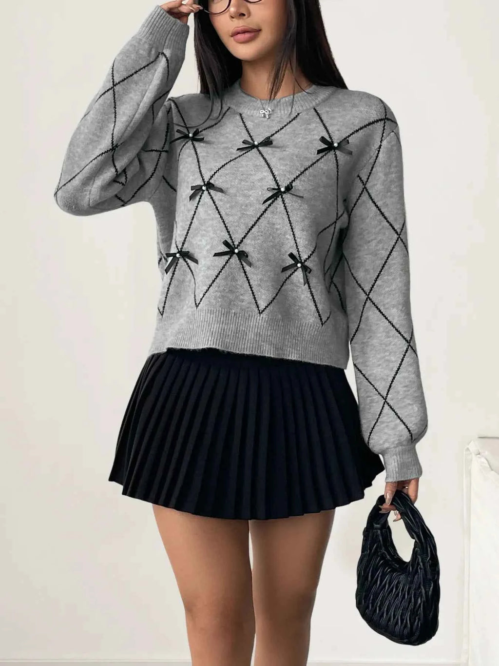Diamond Pattern Bow Detail Sweater a143c75cfc3c408e8d3fe5efa9ffb0a5-Max-Origin