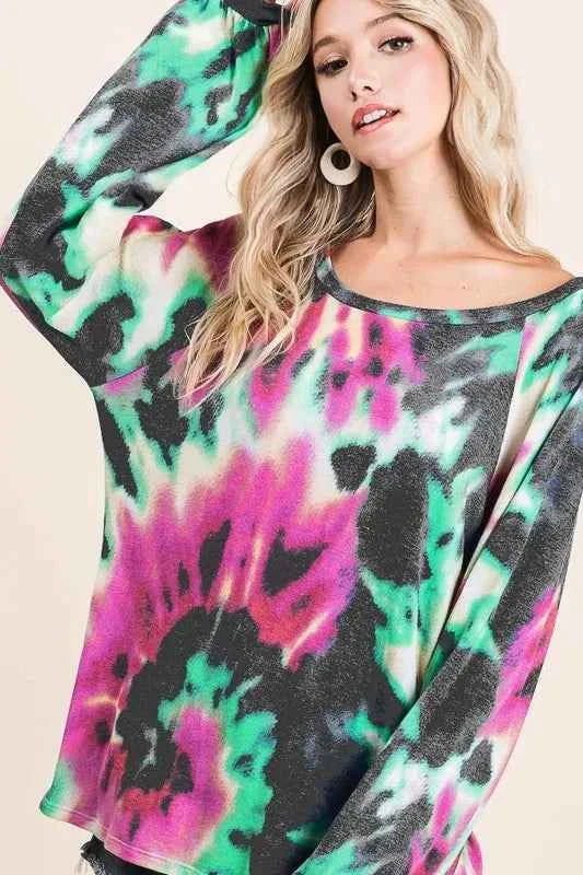 BiBi Tie Dye Print Terry Top with Puff Sleeves FUCHSIA CHARCOAL a1441914d1724efd834498a8903df709-Max-Origin