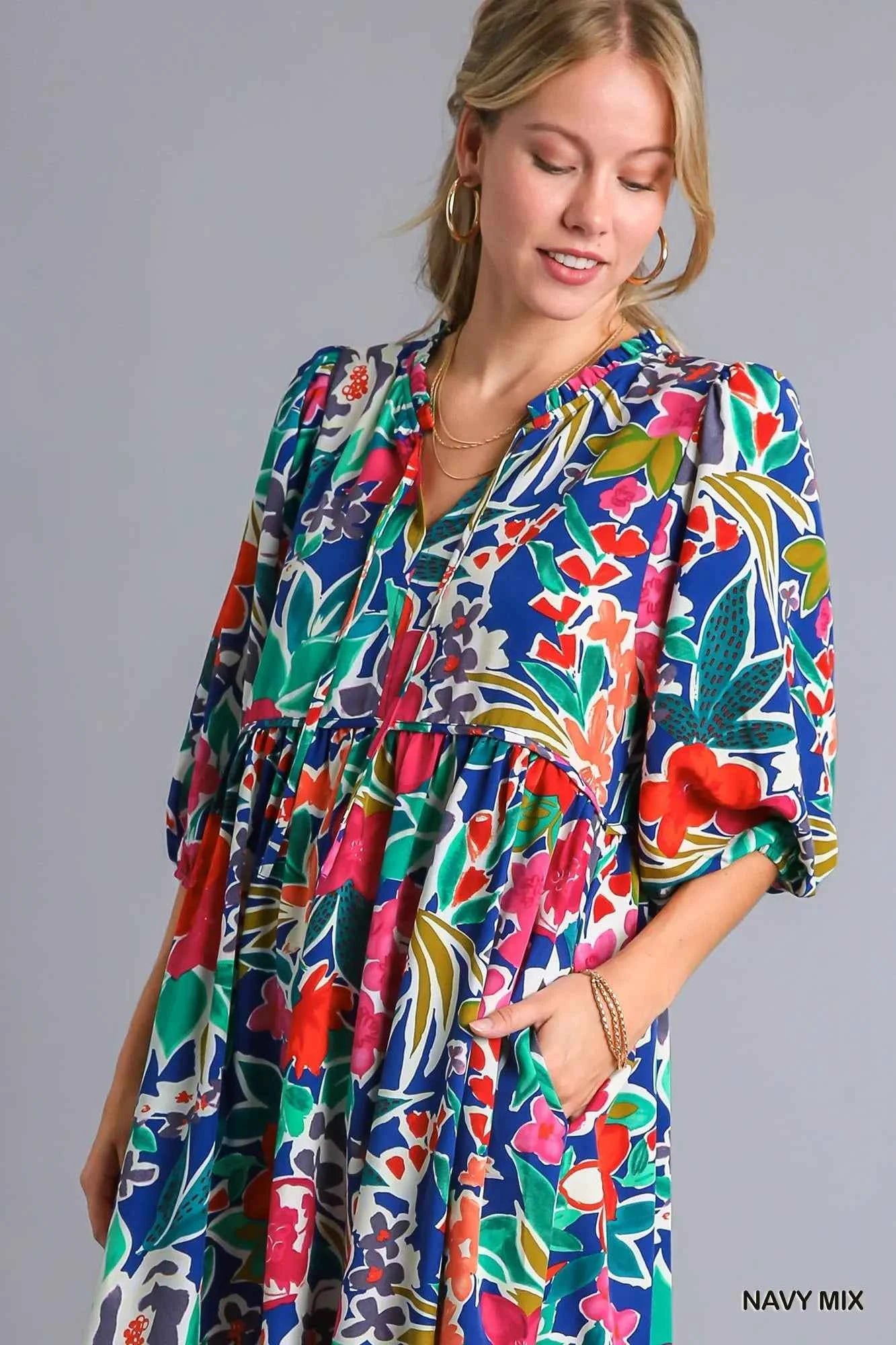 Umgee Floral Print Tie Neck Midi Dress with Pockets a149bbf9-6821-45f4-a8ad-d5acf57b0156-Max-Origin