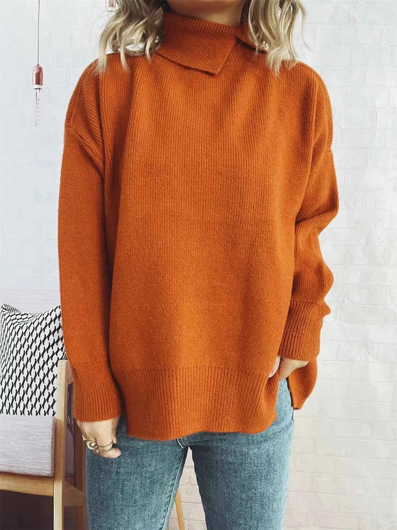 Slit Turtleneck Long Sleeve Sweater Orange One Size a14ad11198784c6fa9936dbec946e638-Max-Origin