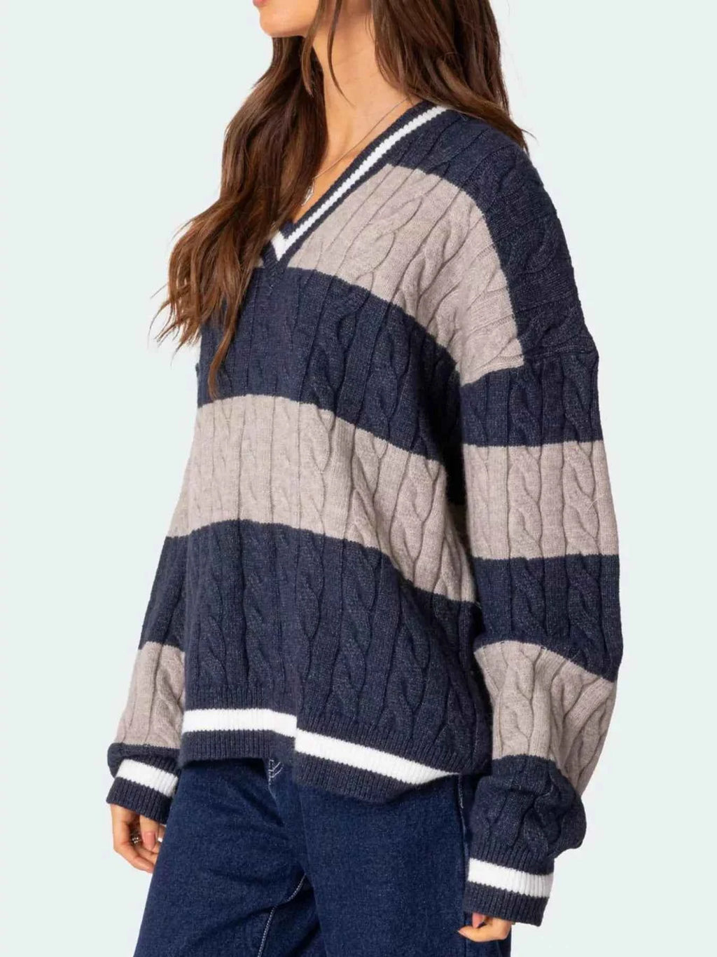 Striped Cable Knit V-Neck Sweater a160534f-ebd2-4cb1-a25d-7f14c93f6ac3-Max-Origin