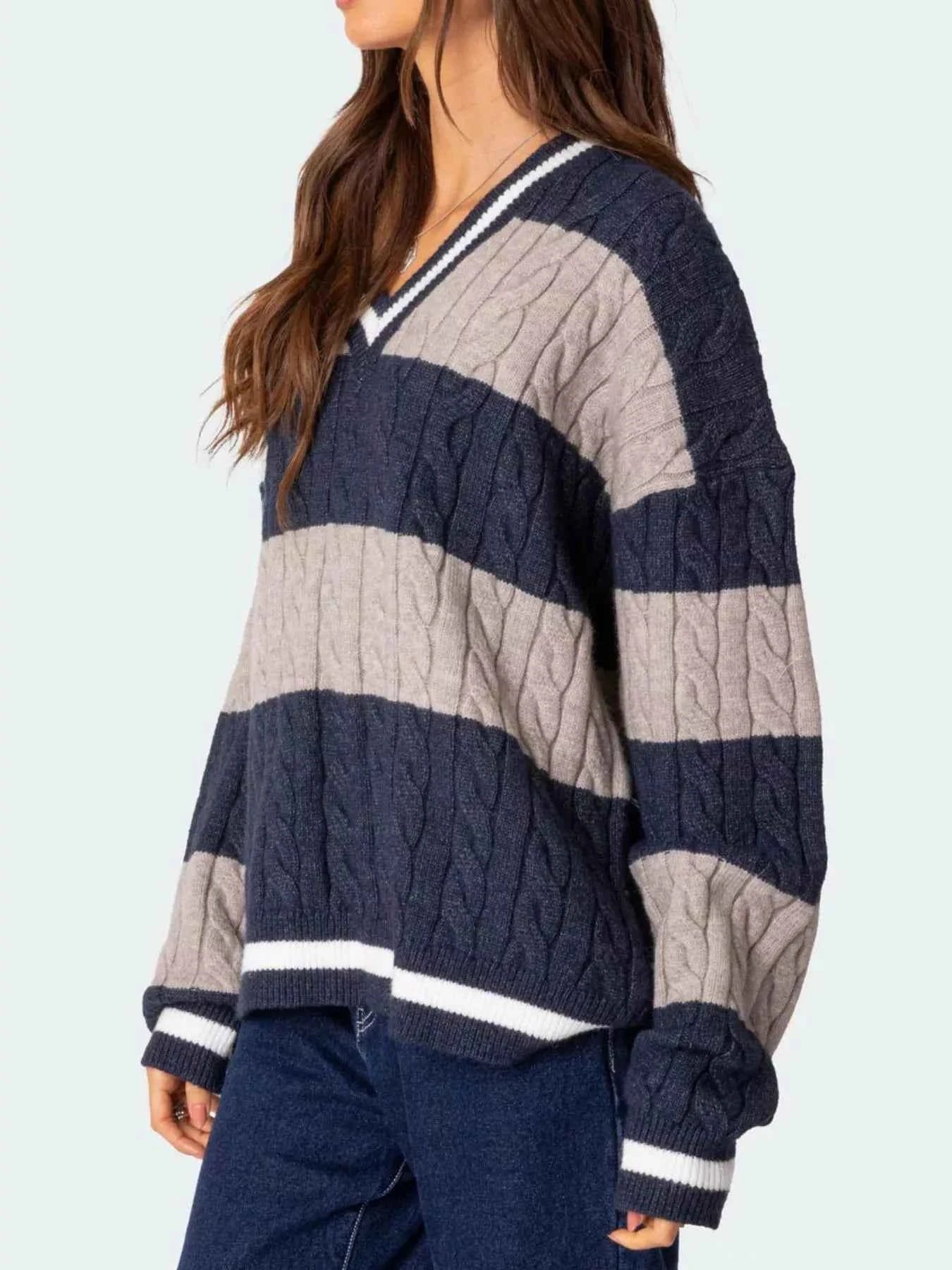 Striped Cable Knit V-Neck Sweater a160534f-ebd2-4cb1-a25d-7f14c93f6ac3-Max-Origin