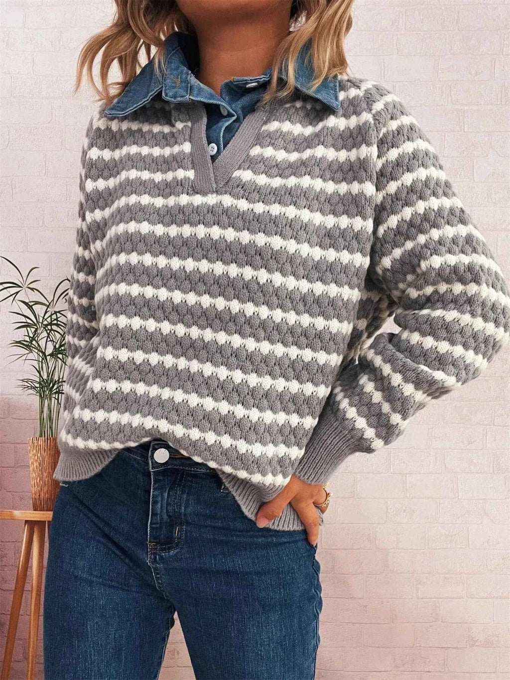 Contrast Striped Sweater with Denim Collar a163f92be778496aa5005bcdaf490738-Max-Origin