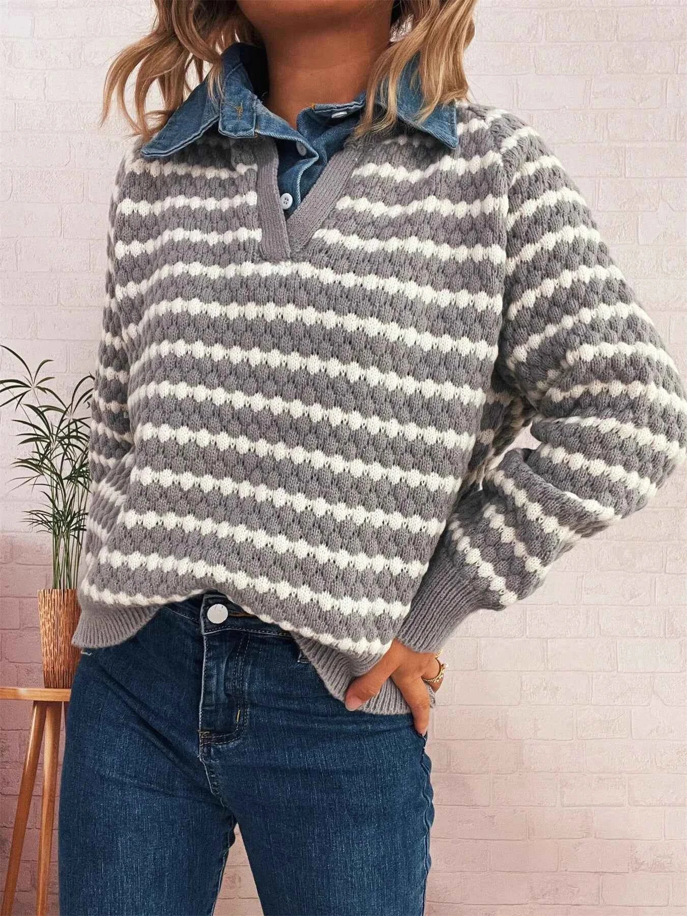 Contrast Striped Sweater with Denim Collar a163f92be778496aa5005bcdaf490738-Max-Origin
