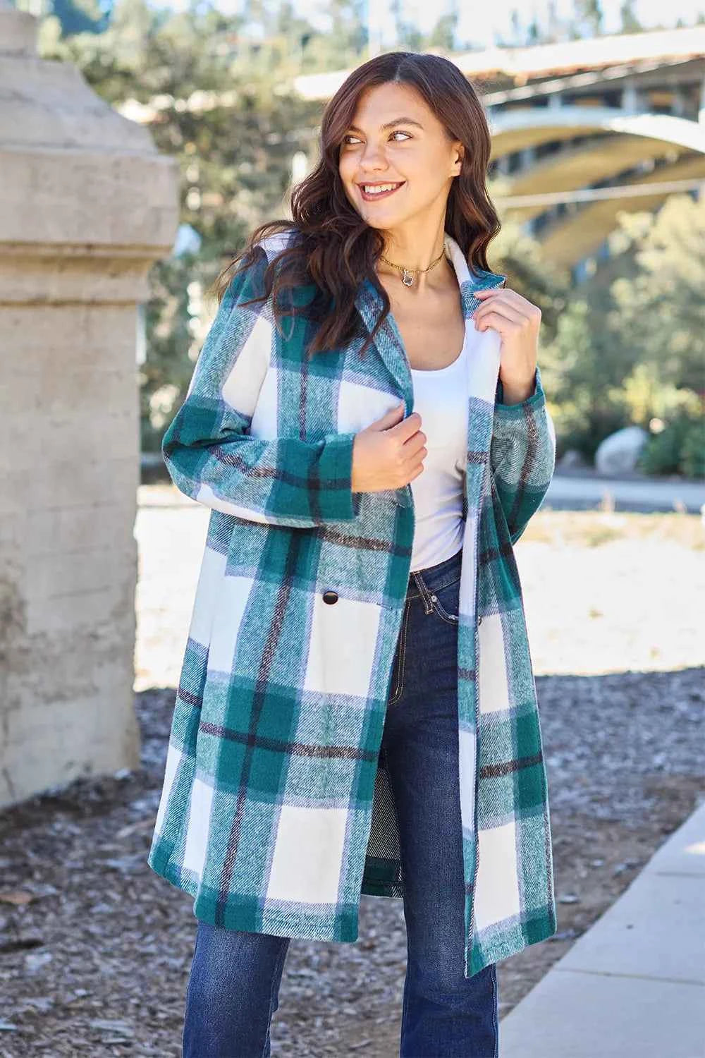 Double Take Full Size Plaid Button Up Lapel Collar Coat French Blue a168b07db3e94e7183fce3b67fc996bf-Max
