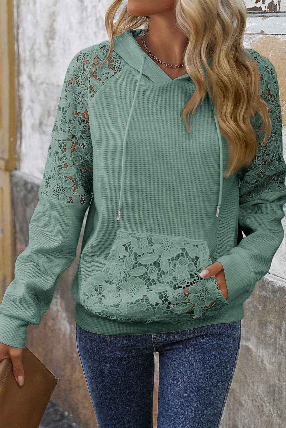 Gossamer Pink Lace Patchwork Raglan Sleeve Kangaroo Pocket Waffle Hoodie Smoke Green 75%Polyester+25%Cotton a16aa14008e0b2f0