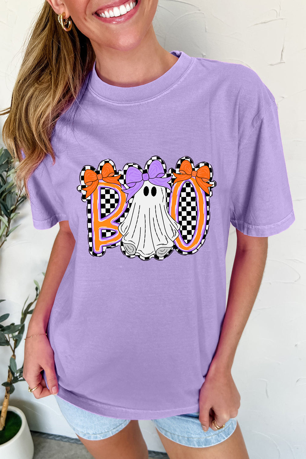 Wisteria Boo Checkered Ghost Heat Transfer Printing Crewneck Graphic Tee a18650f6cc8c157c