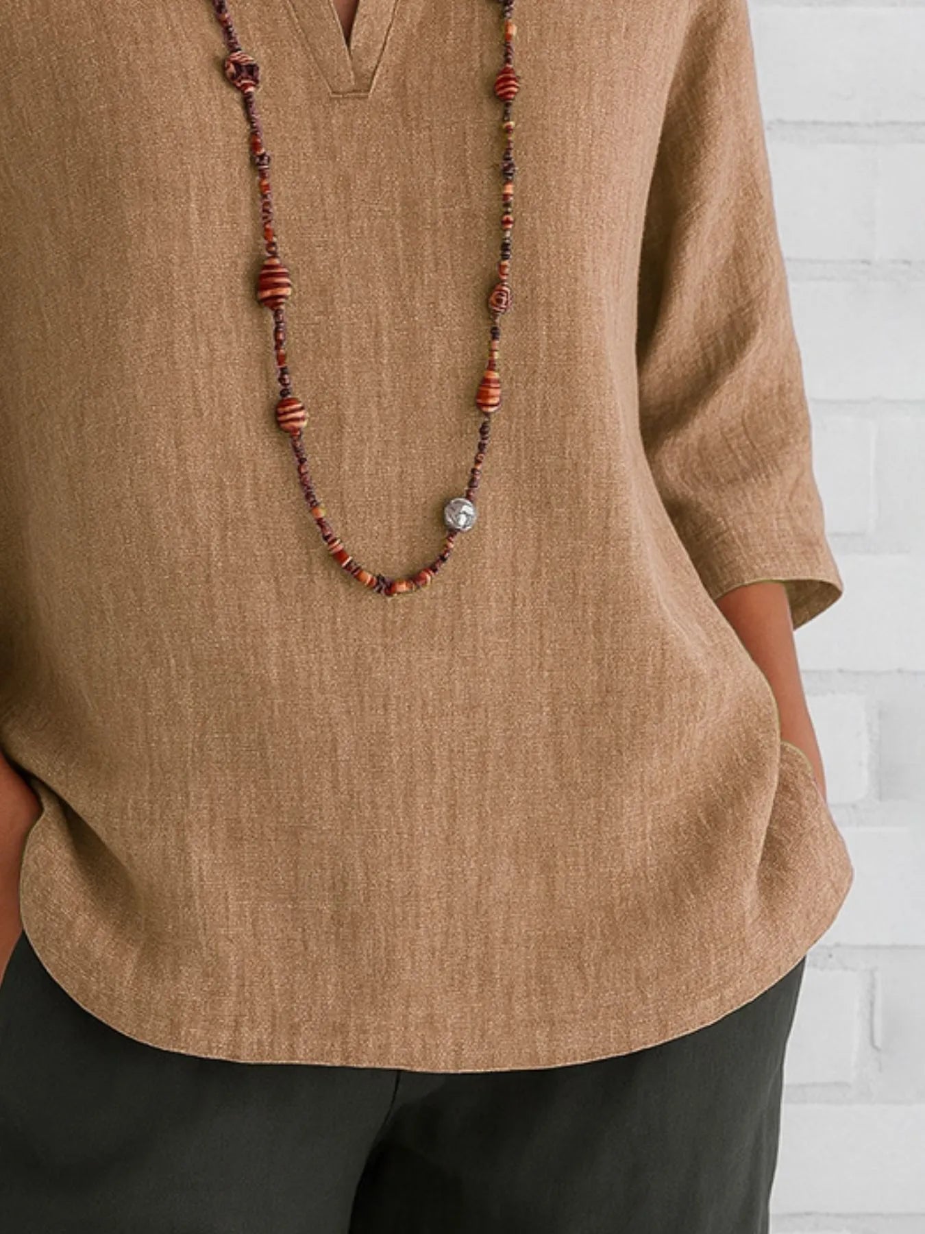 Full Size Notched Three-Quarter Sleeves Blouse Plus Size a189dc27-c905-44ed-8c9b-5e4ae6ab73f3-Max-Origin