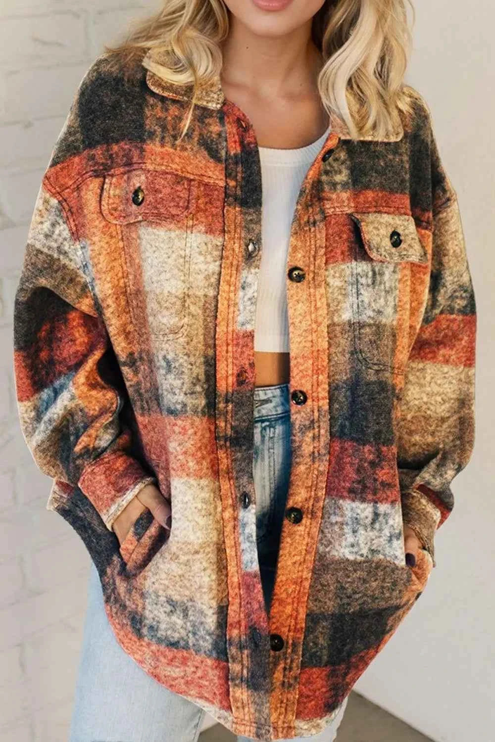 Double Take Button Up Plaid Fleece Shacket with Pockets a1a09383-ba76-4a6f-a0f2-a4afe02344ce-Max