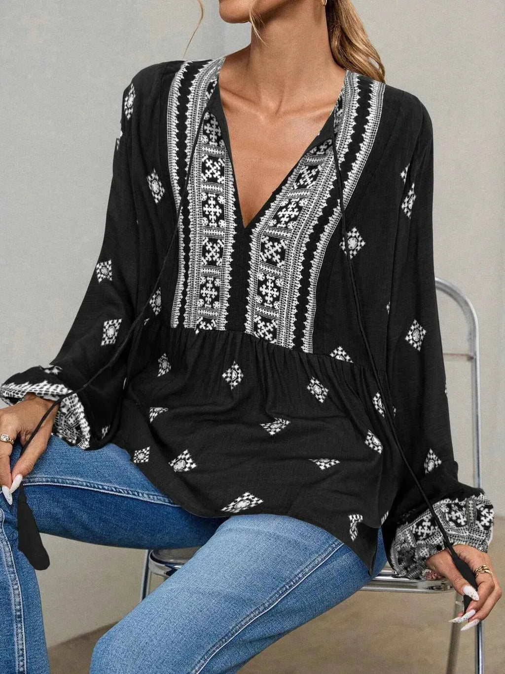 Tie Front Long Sleeve Blouse a1a4f12a47964a80864f370c3d6f12a9-Max-Origin