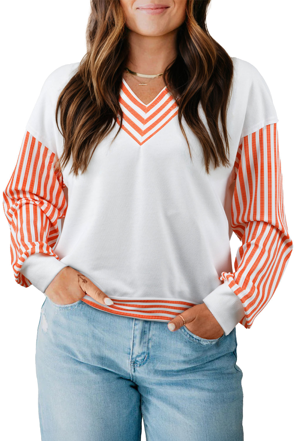 Orange Striped Patchwork Drop Sleeve Pullover Top a1b4be218f60a60f