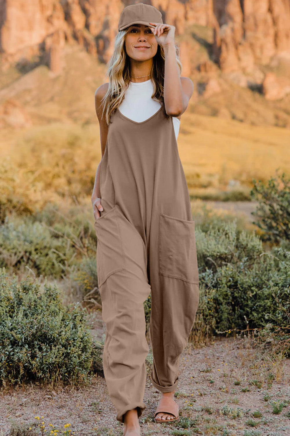Double Take Full Size V-Neck Sleeveless Jumpsuit with Pockets Khaki a1e4fe1190c344dba62ba8acce343be2-Max
