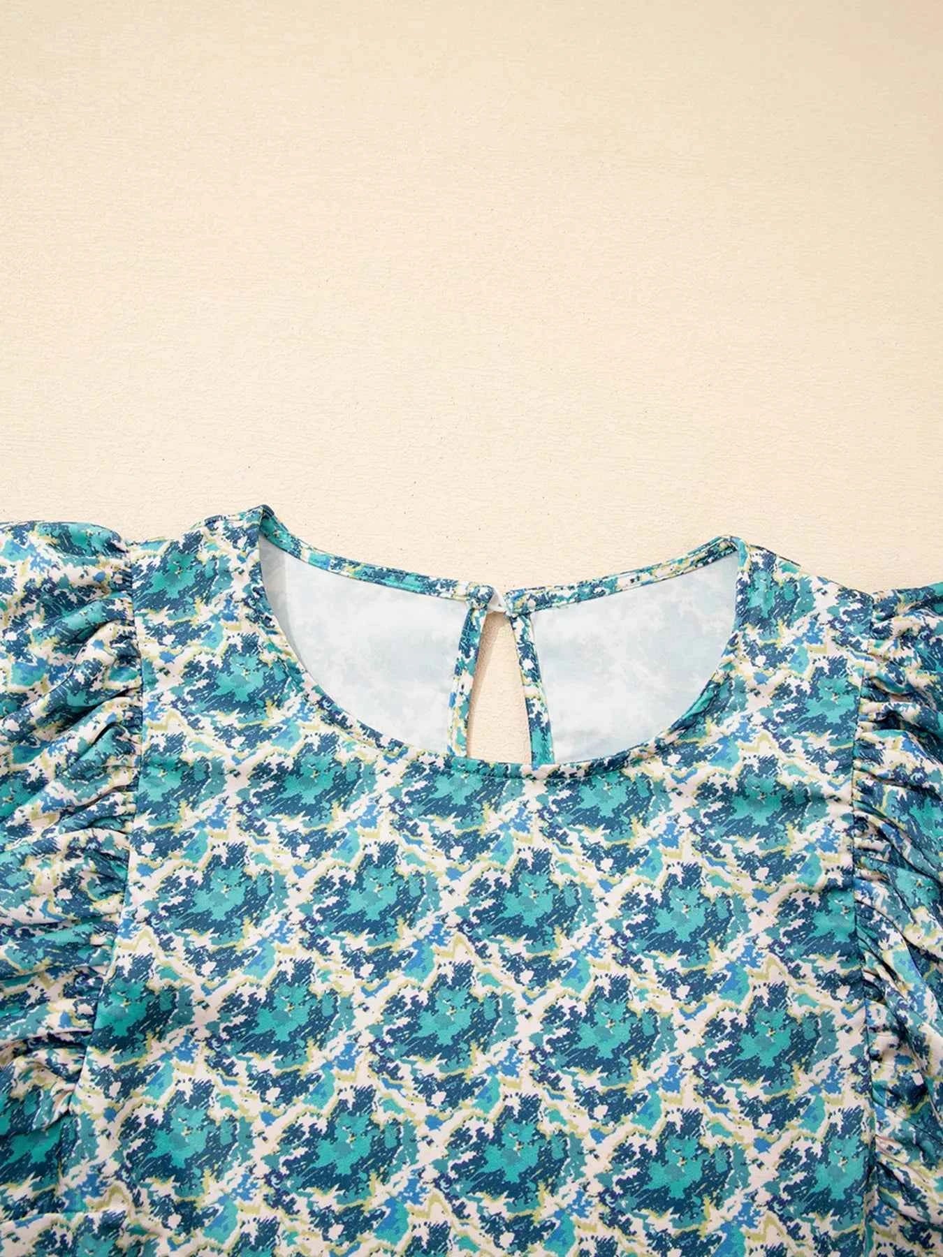 Abstract Print Shirred Cuff Ruffled Puff Sleeve Blouse a1e7861366aa44fea0b528c162b54e1a-Max-Origin