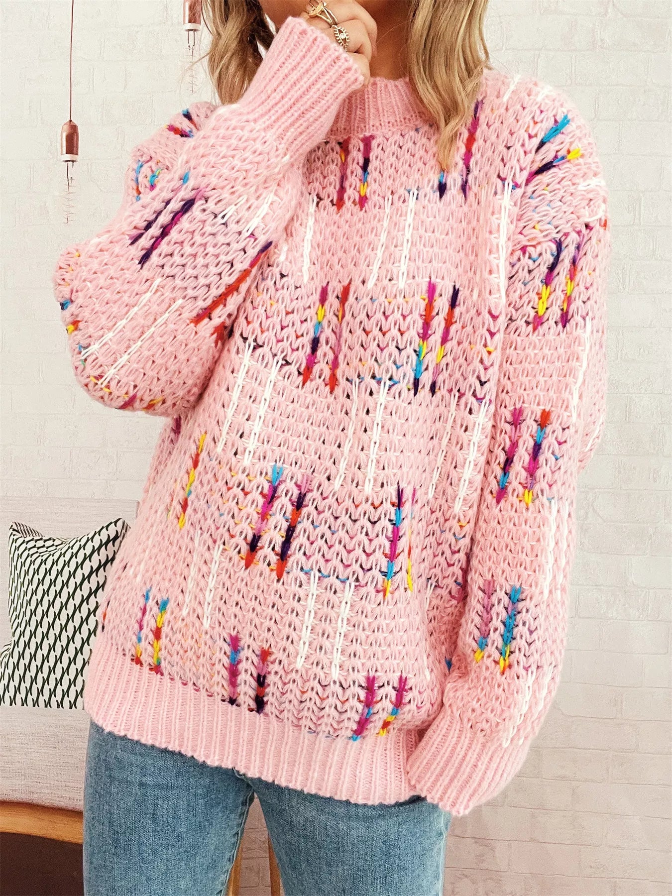 Colorful Round Neck Long Sleeve Sweater Pink One Size a1ed54a5b43d40ae9954fbaa2895018b-Max-Origin