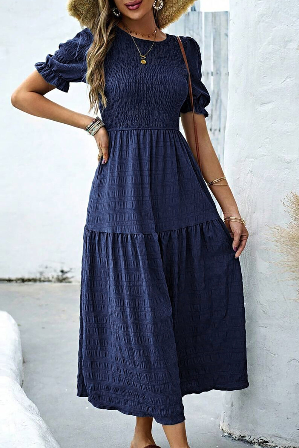 Sail Blue Solid Textured Smocked High Waist Midi Dress a201972742de67a7