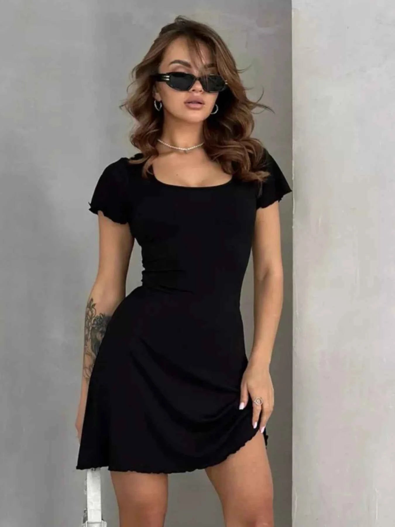 Ribbed Back Lace Up Short Sleeve Mini Dress Black a20c5e18-c0b4-4824-b38a-9dbfec9dfdac-Max-Origin