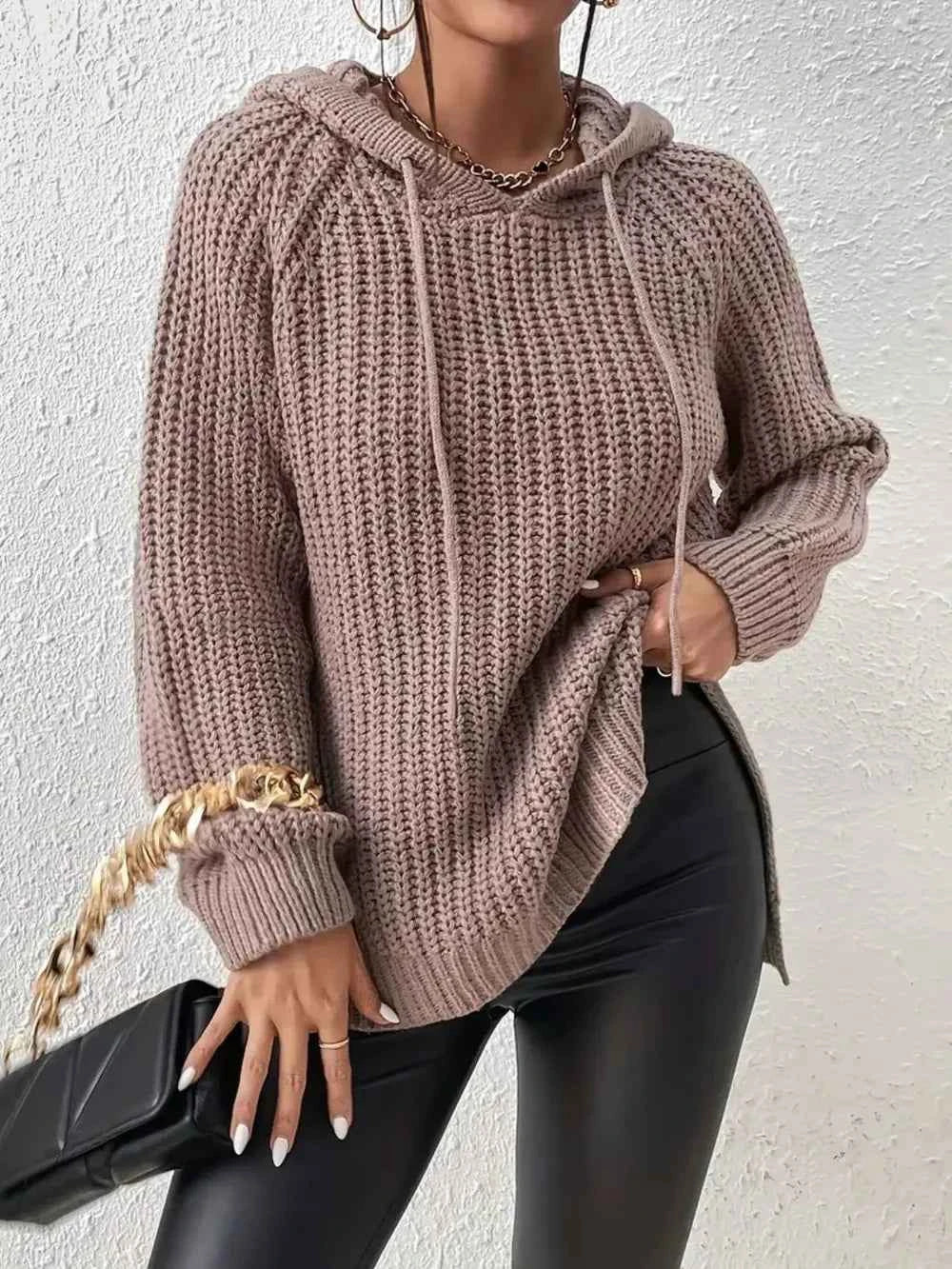 High-Low Side Slit Drawstring Long Sleeve Hooded Sweater a20ff990-5043-4228-86a3-1a584e1442d7-Max