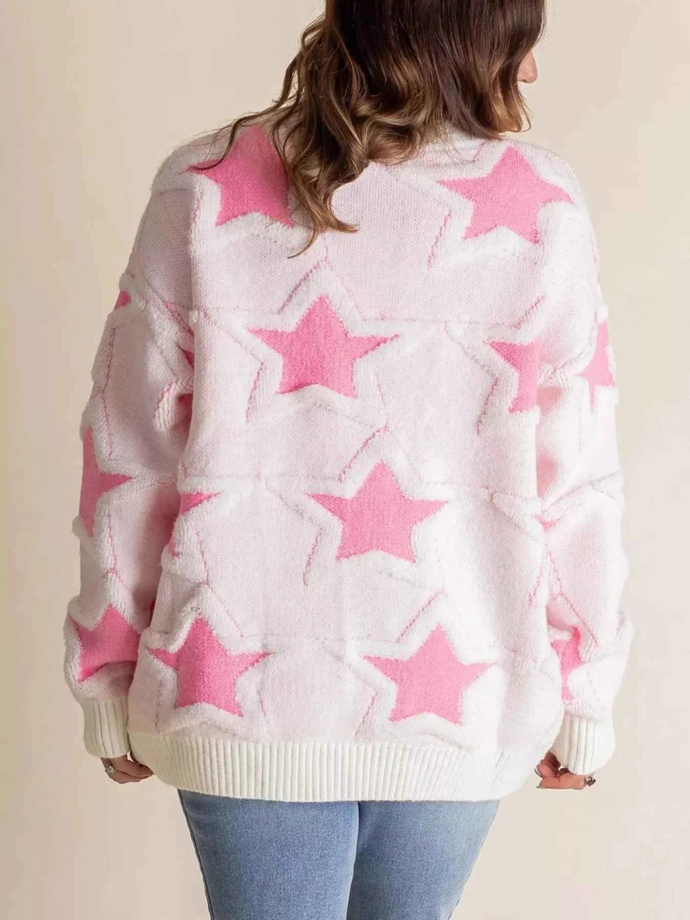Oversized Star Pattern Ribbed Edge Drop Shoulder Sweater a2243b2e-3c86-43de-9260-1a80cf7060d4-Max-Origin