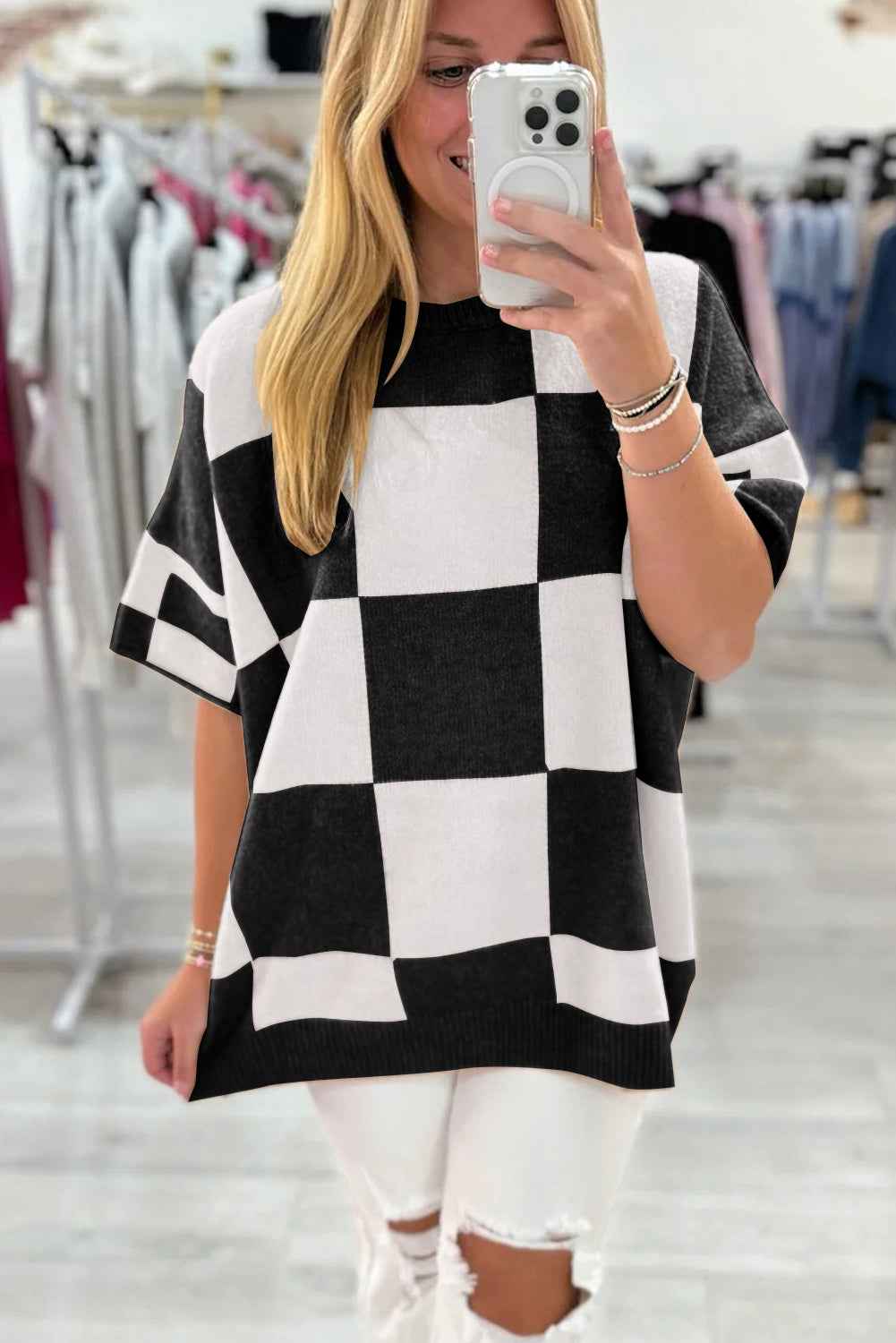 Black Checkered Pattern Loose Short Sleeve Sweater a2271fc040ec389f