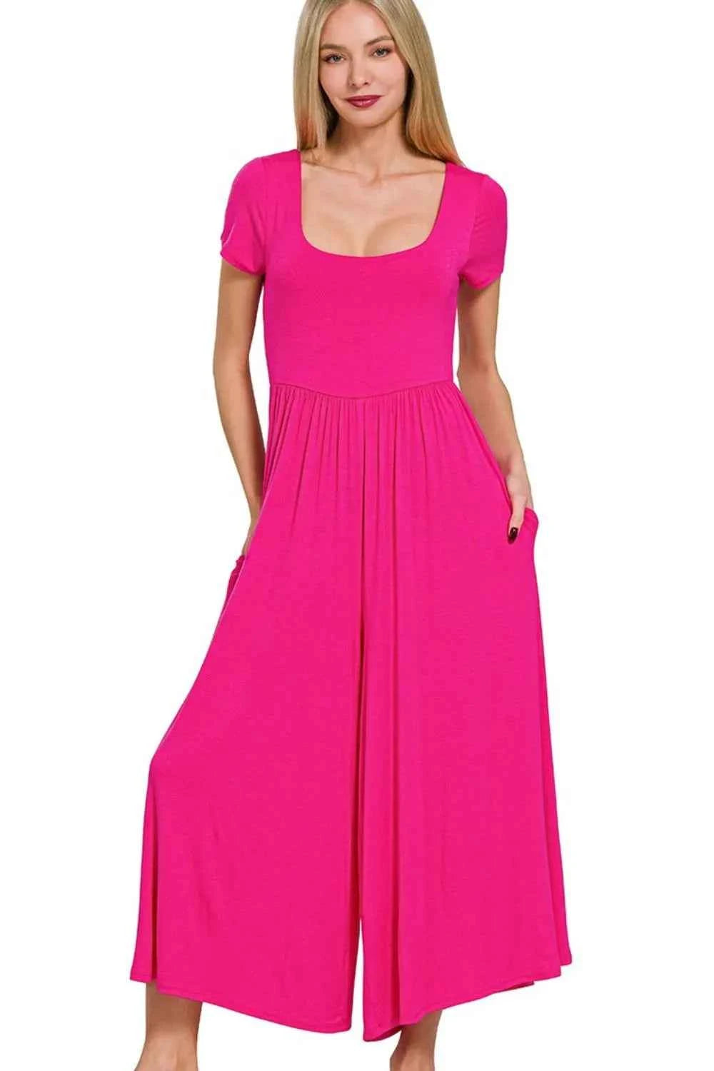 Zenana Double Layered Short Sleeve Jumpsuits HOT PINK a229acc7-0f73-4df5-a5e6-bf49193e29bd-Max-Origin