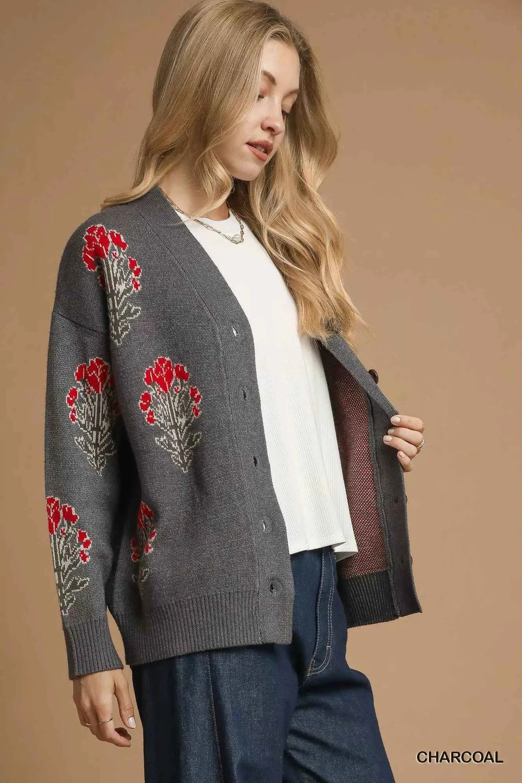 Umgee Single Flower Stem Jacquard Cardigan Sweater a229b3c4-bad7-4b41-8c2f-5d7ec4df9ac8-Max-Origin