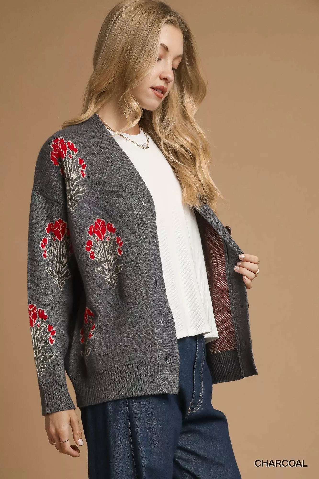 Umgee Single Flower Stem Jacquard Cardigan Sweater a229b3c4-bad7-4b41-8c2f-5d7ec4df9ac8-Max-Origin