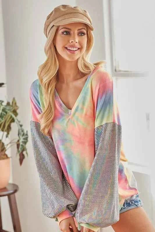 BiBi V Neck Tie Dye French Terry Top with Shiny a234692136804d04b04013cffa0beb97-Max-Origin