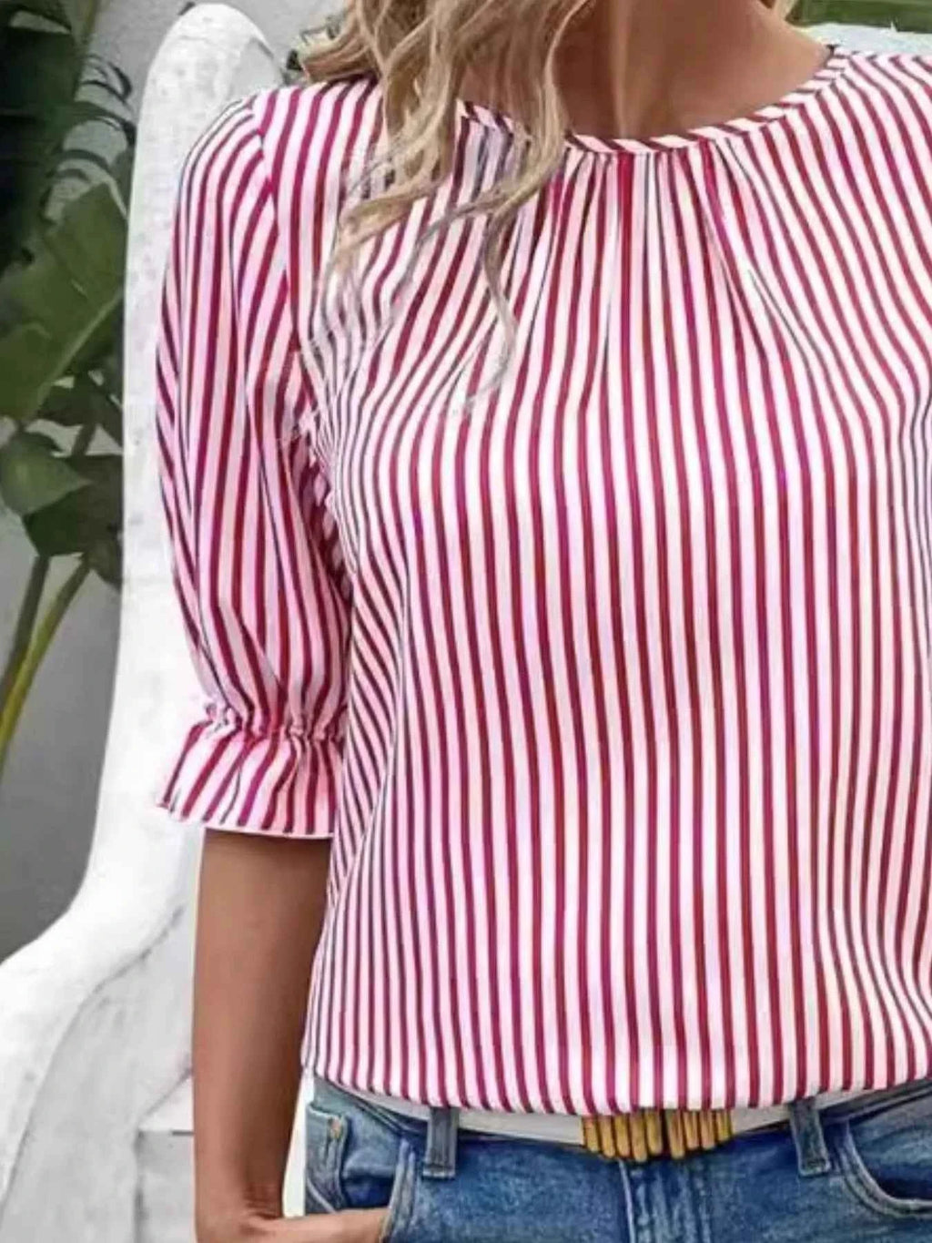 Striped Round Neck Half Sleeve Casual Blouse a2389d14-2b7e-4a1d-aaed-0d159cadfdc5-Max-Origin