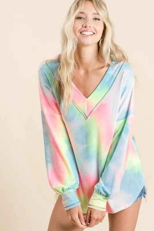 BiBi Tie Dye French Terry V-Neck Top with Puff Sleeves a245d6dbd1754b4c8b90ef049627adb6-Max-Origin