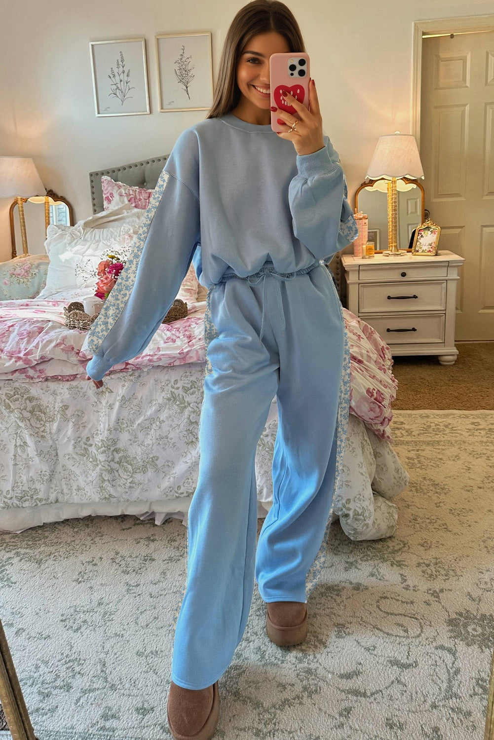 Beau Blue Floral Patchwork Drop Shoulder Pullover and Sweatpants Lounge Set a24663ebb46f36e7