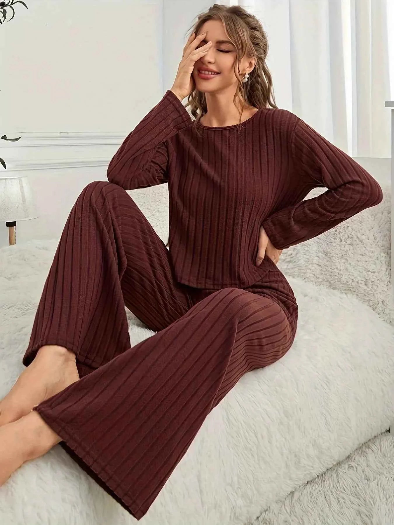 Ribbed Round Neck Long Sleeve Top and Pants Lounge Set a24b11f07ba444b082f6fc86812bee3d-Max-Origin