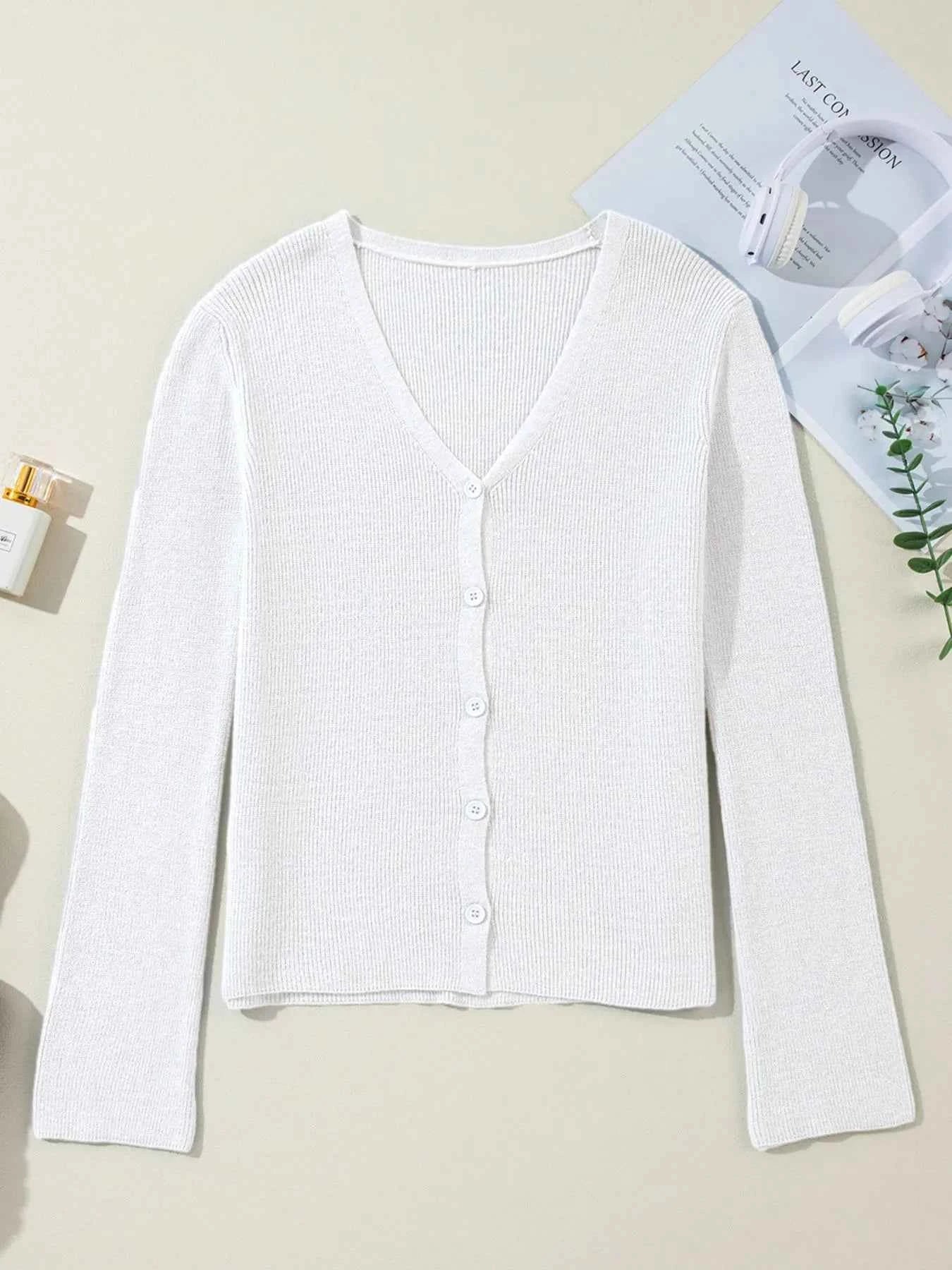 Ribbed Knit Button Front V Neck Cardigan a26c2b70-027d-4fdf-8289-a6702f2cabe3-Max-Origin