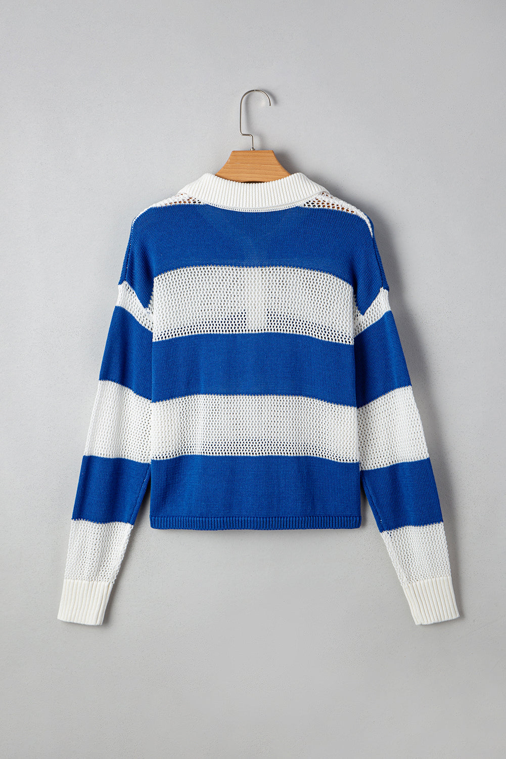 Blue Stripe Colorblock Polo Collar Eyelet Crochet Knit Sweater a2744bc5d25361fb
