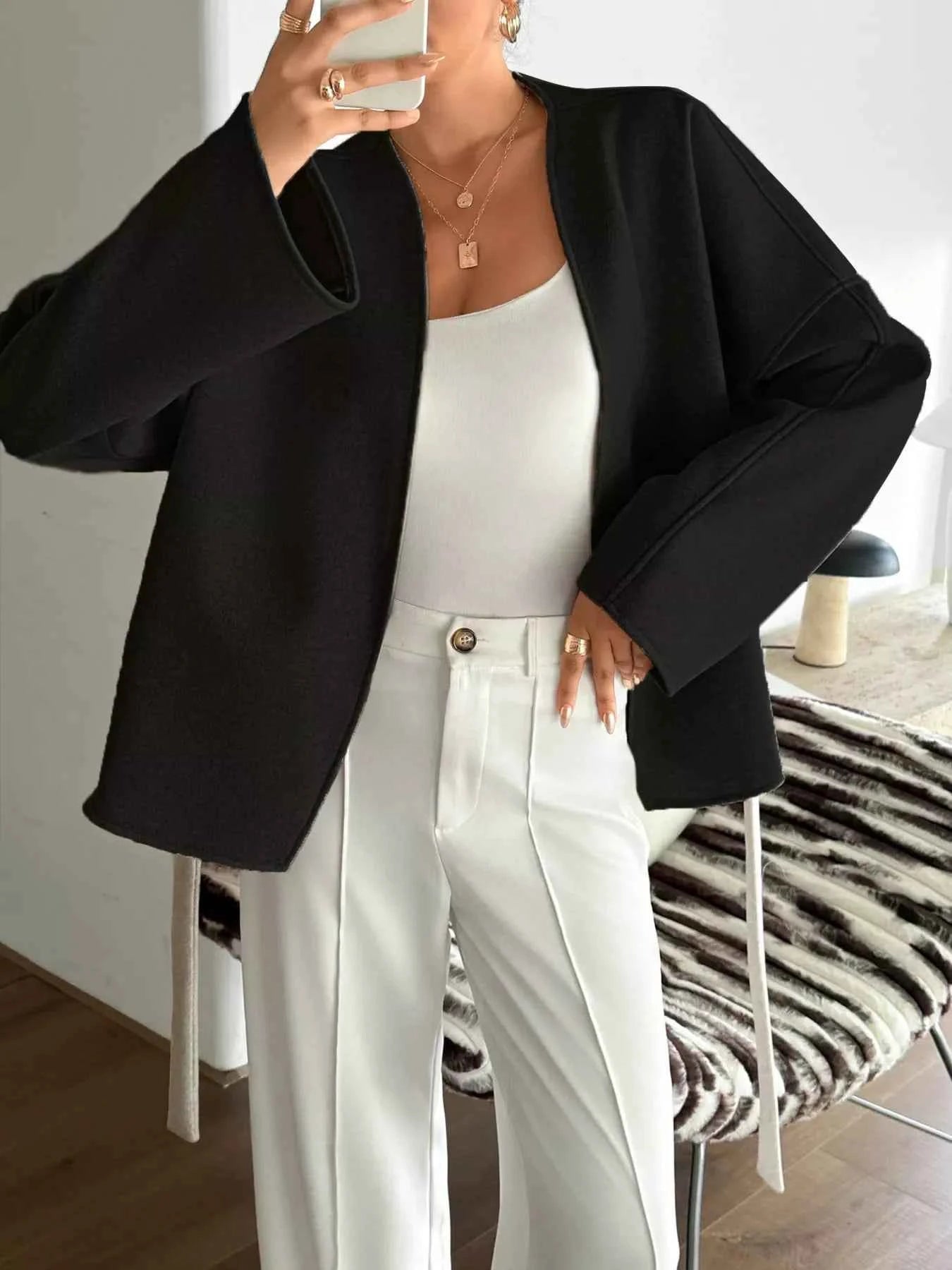 Surplice Dropped Shoulder Tie Belt Outerwear a27cad7a48184670b8e9d873de6136f6-Max-Origin