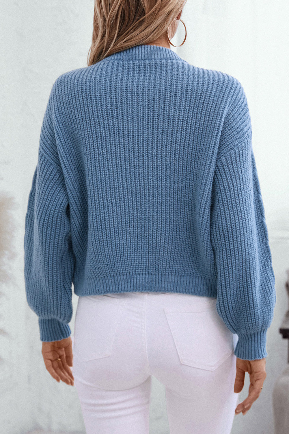 Dusk Blue Solid Color Lace Up V Neck Knit Cardigan a2913c5ddc3740c5