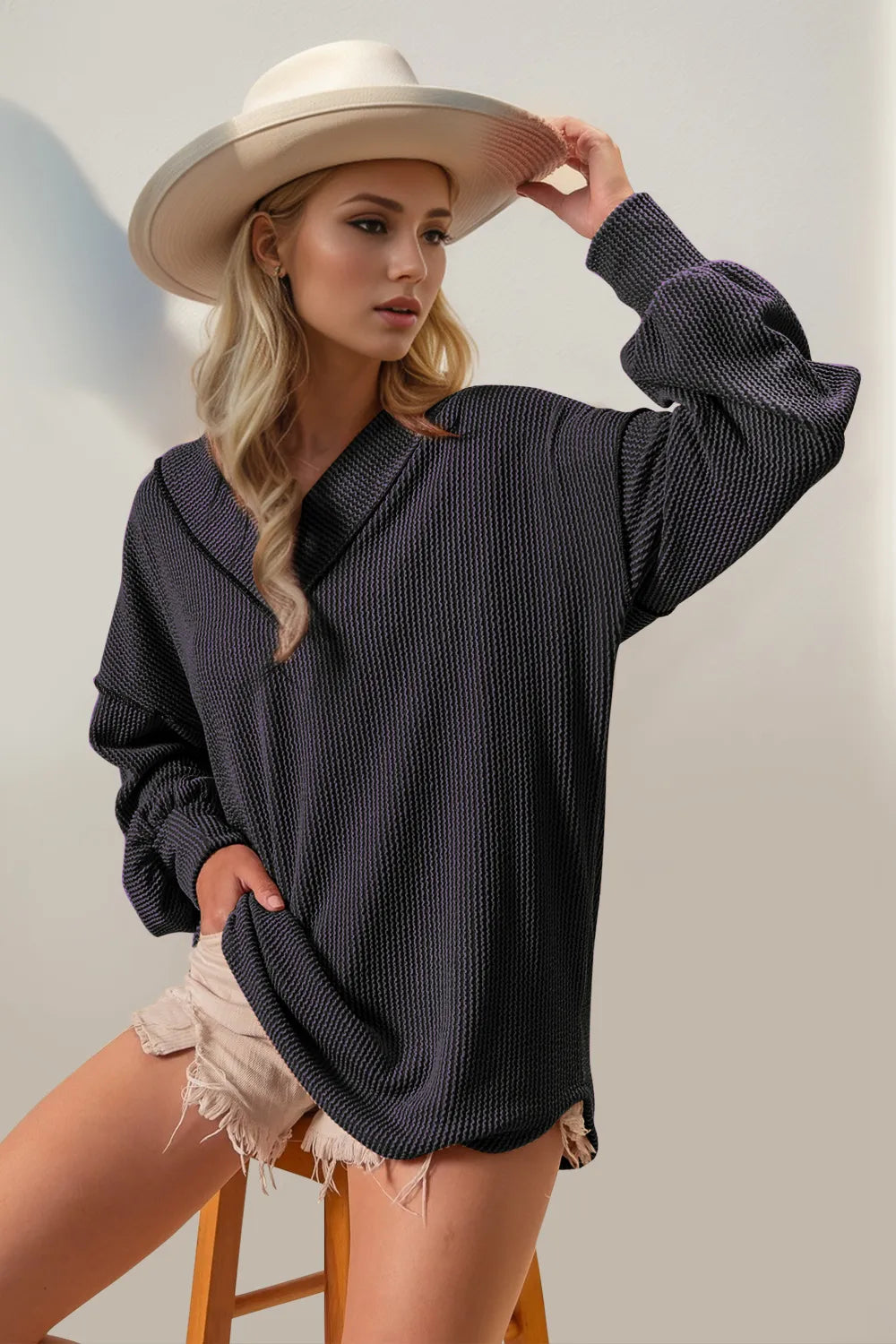 Double Take Exposed Seam Ribbed Textured V-Neck Long Sleeve T-Shirt a29ac164-f341-4d42-90d7-cee8af970368-Max