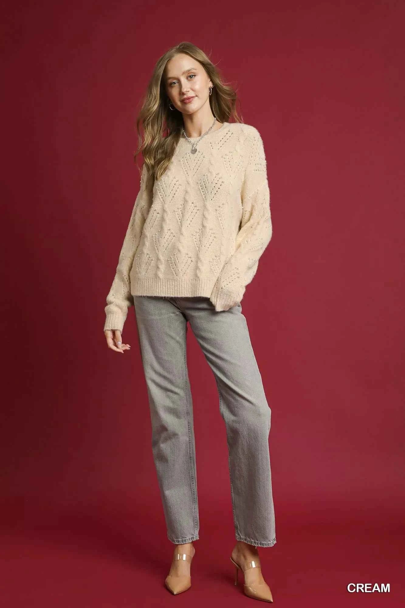 Umgee Pearl-Embellished Long Sleeve Sweater a29d2c55-c499-482d-baeb-4ca2e35165a9-Max-Origin