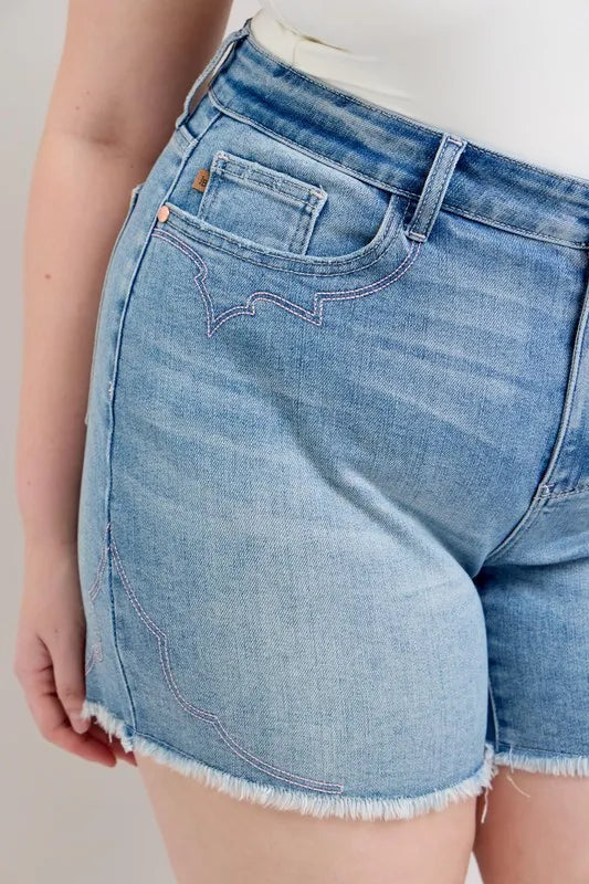 Judy Blue Full Size High Waist Western Embroidery Detail Cut Off Denim Shorts Plus Size a2a2d795-028b-4ebd-bb2d-983d14f8a90e-Max-Origin