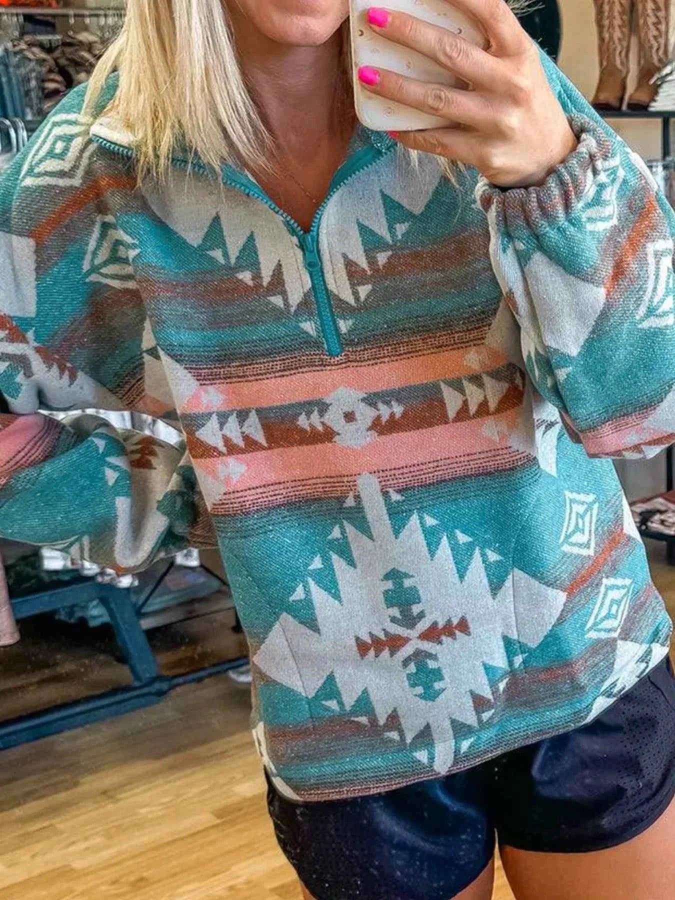 Quarter Zip Elastic Cuffs Aztec Sweatshirt Turquoise a2b0c103-d303-4bb2-8874-953fde7b8561-Max-Origin