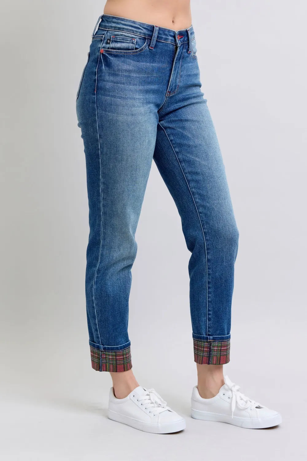 Judy Blue Full Size Plaid Print Cuff Straight Leg Jeans with Pockets a2b0ed95-b6eb-4295-89e0-62310370f430-Max