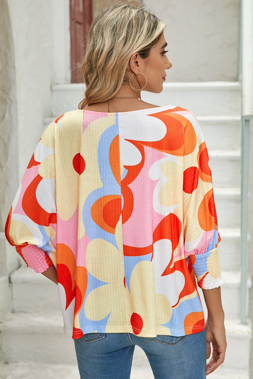 Yellow Colorful Floral Print Ribbed Dolman Blouse a2c388ca9123c6b7