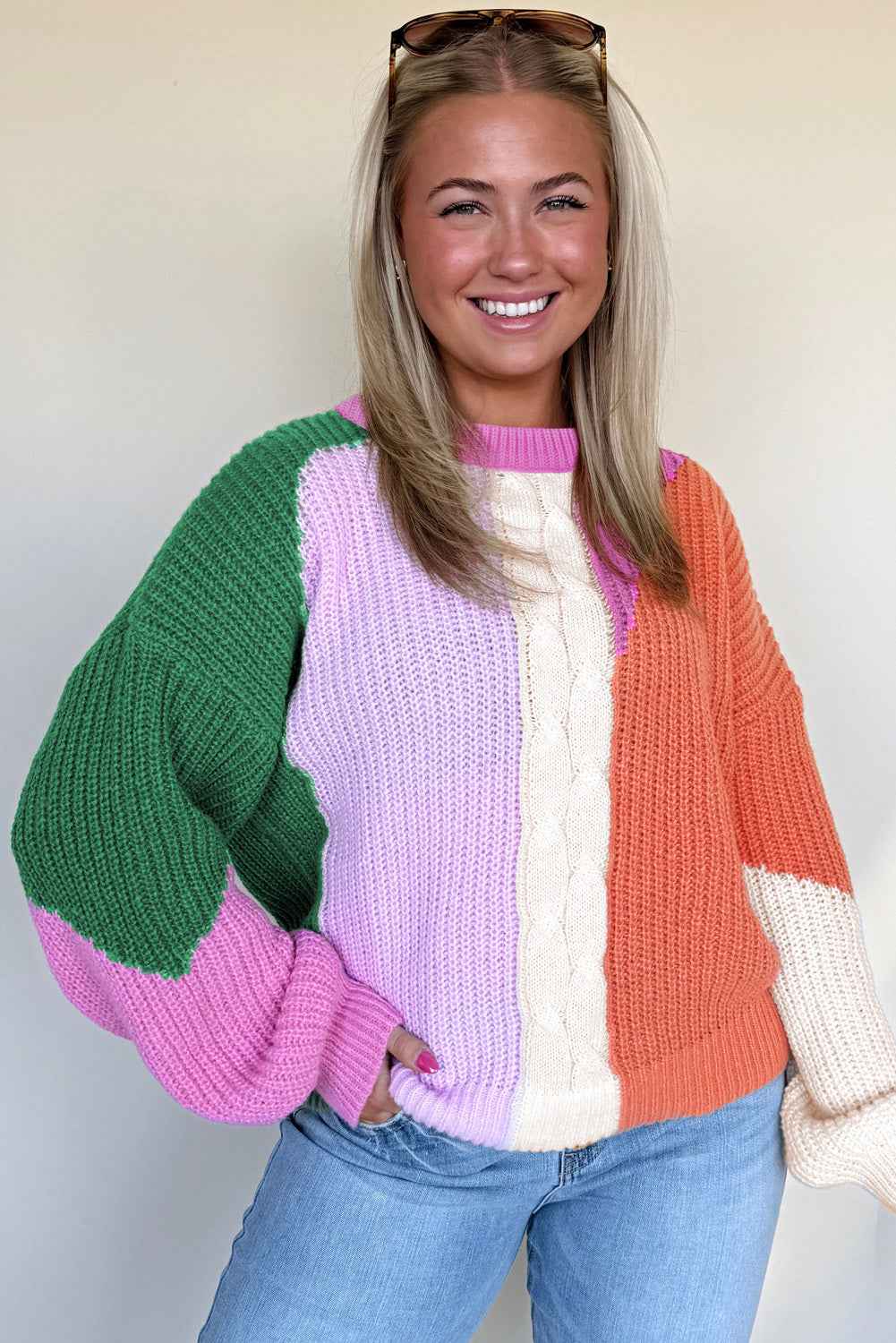 Desert Gold Colorblock Knit Drop Shoulder Loose Fit Sweater a2c9ddbceab0308b